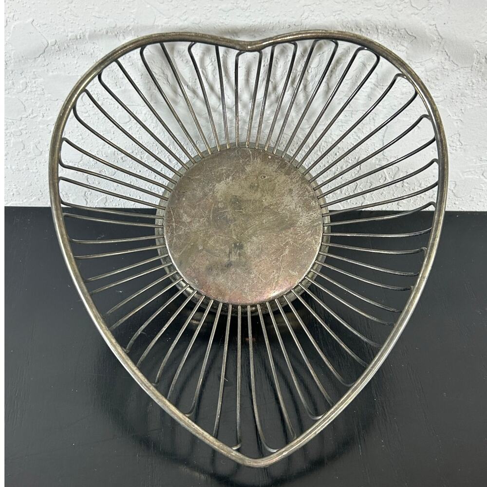 Vintage- Silver Plated Wired Basket- Heart Shaped- has wear, and Rusting- 7"